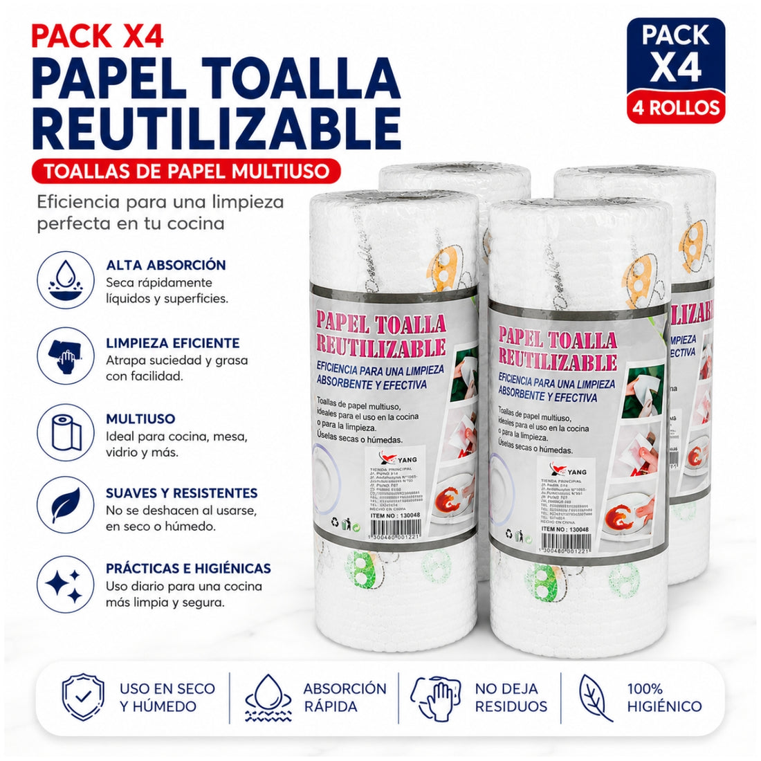 Pack x4 Papel Toalla Reutilizable Multiuso Absorbente para Cocina y Limpieza