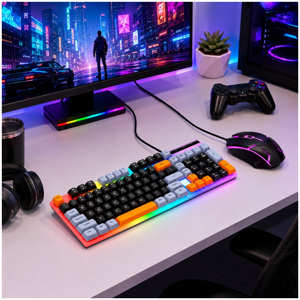 Kit Teclado y Mouse RGB Combo Gamer Negro RAIKU T28 2 en 1 Para PC Laptop