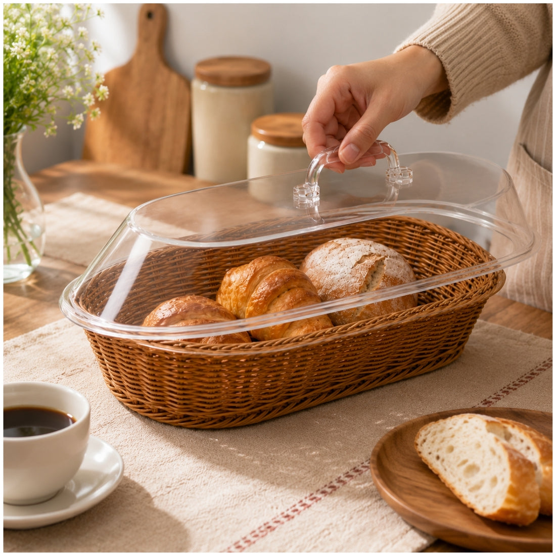 Canasta Panera Organizador para Pan de Mimbre con Tapa Transparente y Asa
