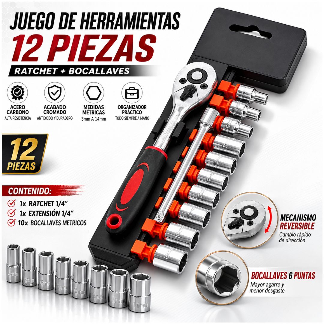Juego de Herramientas 12 Piezas Ratchet 1/4" con 10 Dados de 6 Puntas