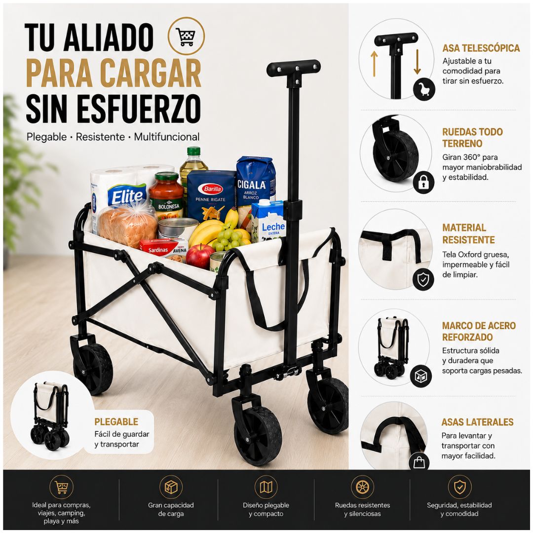 Carrito de Compras Plegable Crema Multiusos con Ruedas Todo Terreno Asa Telescópica