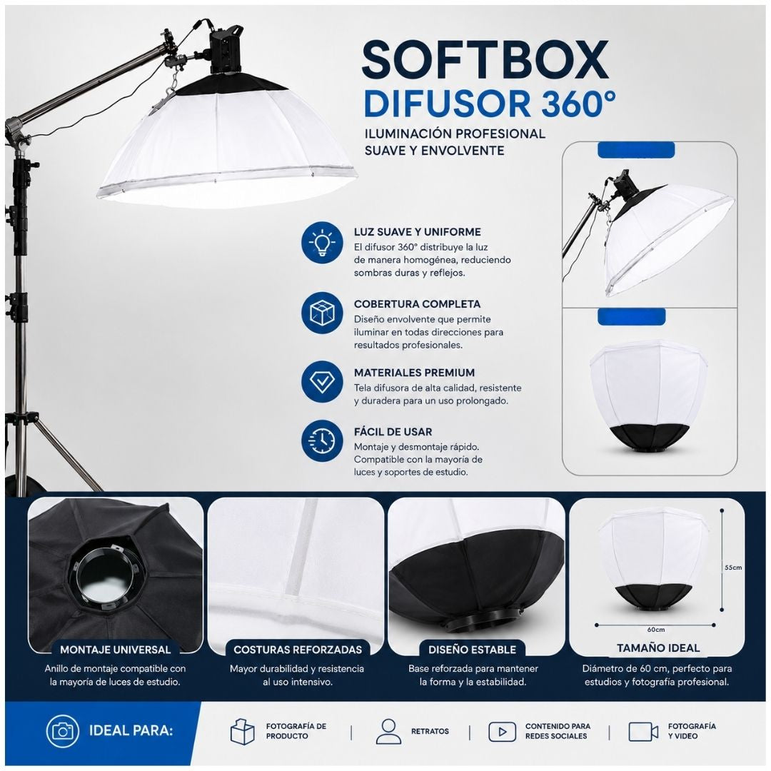 Difusor Softbox 360° Profesional para Fotografía y Video 60cm