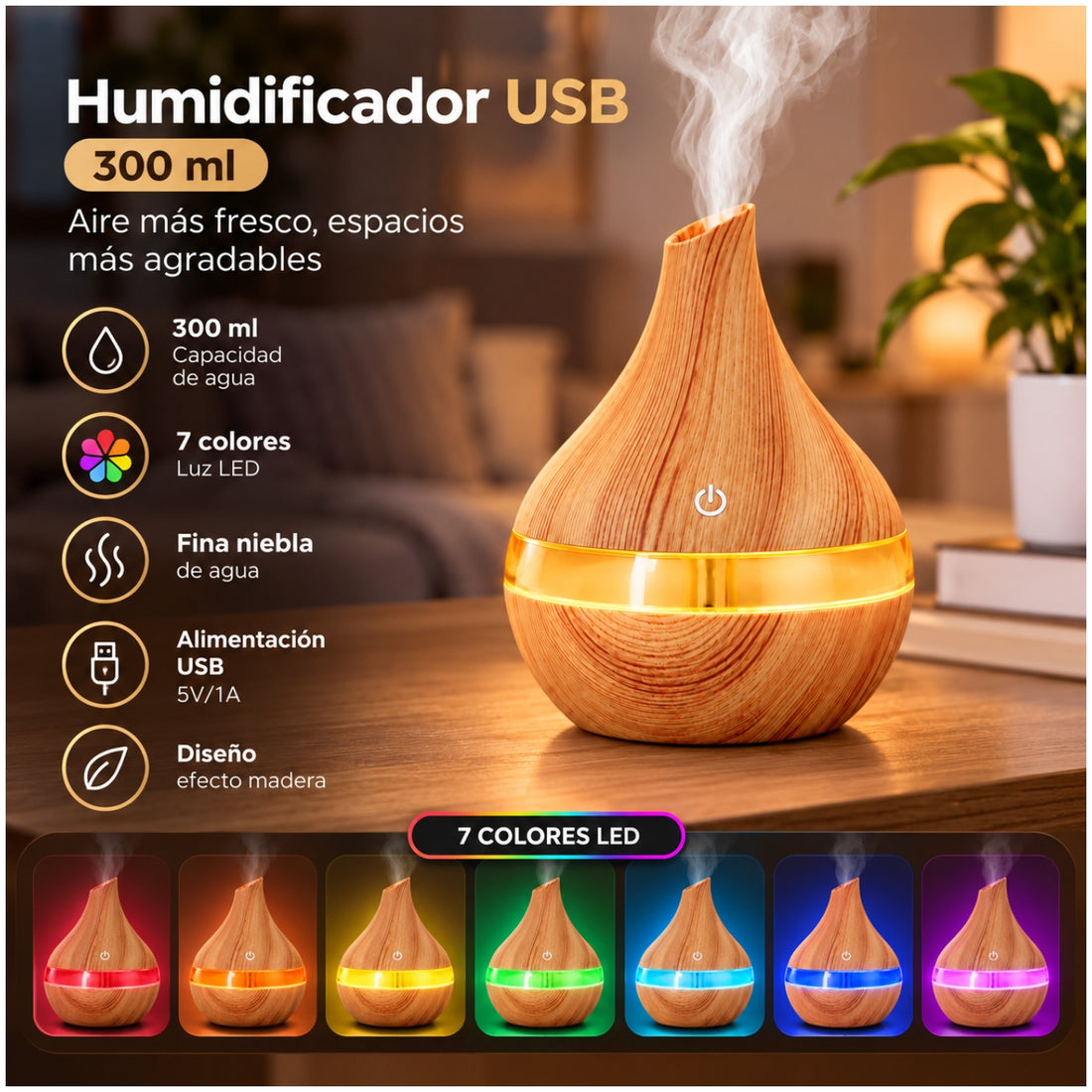 Humidificador Difusor de Aceite 300 ml con Luz LED 7 Colores Recargable
