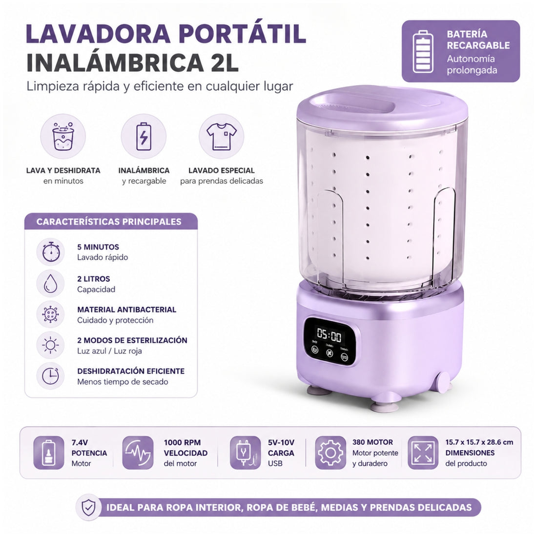 Mini Lavadora Portátil Inalámbrica Recargable 2L Lavado Esterilización Centrifugado