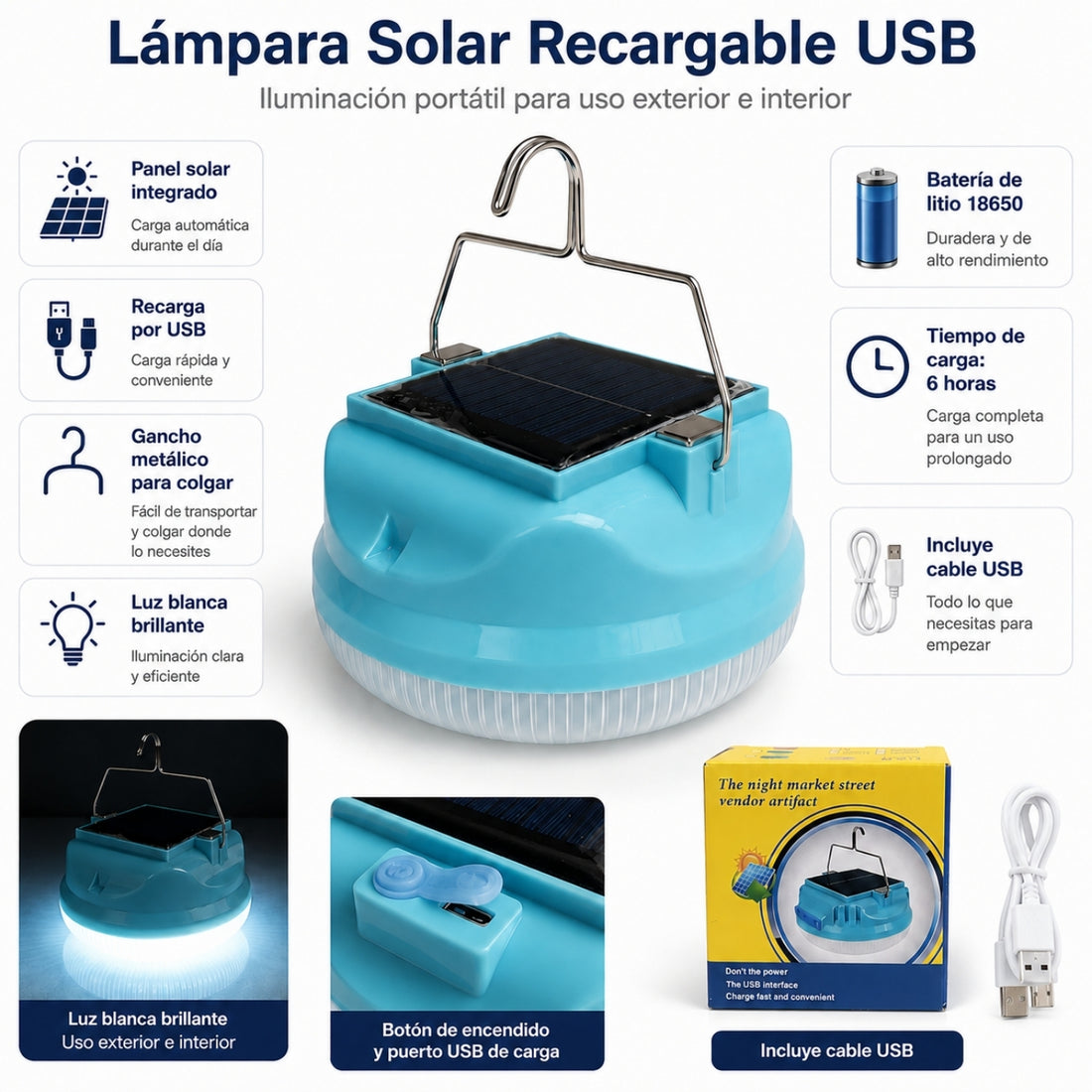 Lámpara Foco Solar LED Luz Fría 50W Recargable USB con Gancho Camping Emergencias