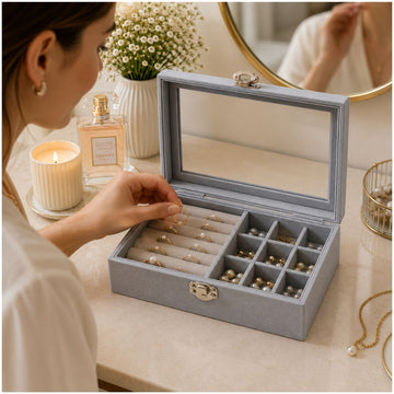 Joyero Organizador de Joyas Tapa de Vidrio Compartimentos para Anillos y Accesorios