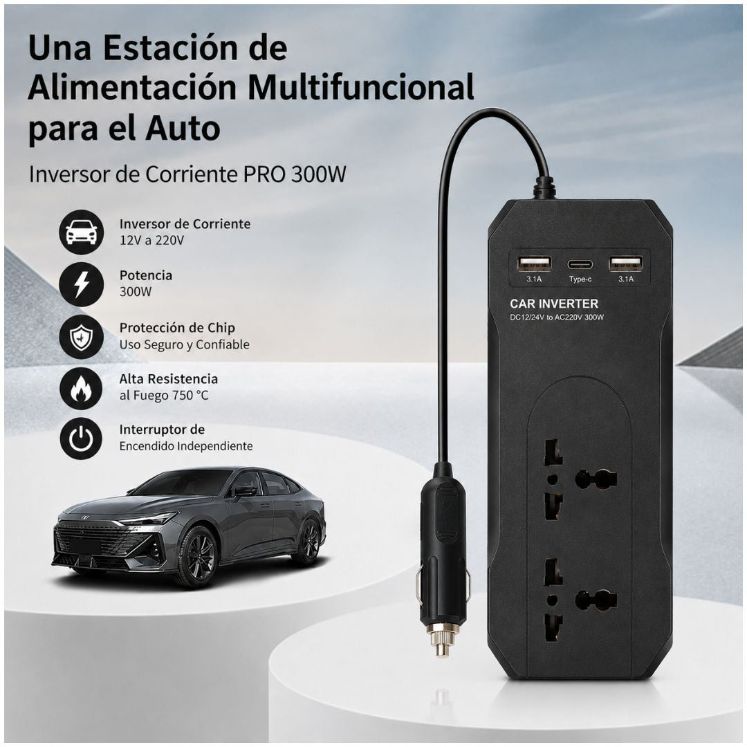 Cargador Adaptador Inversor de Corriente 12V-220V Para Auto 300W AC USB Tipo C