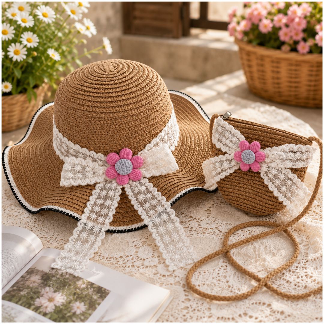 Set Infantil Cartera y Sombrero de Paja Para Niña Diseño Floral