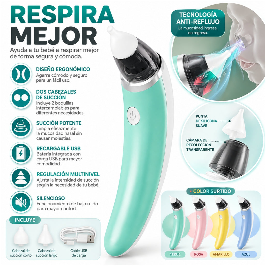 Aspirador Succionador Nasal Eléctrico Recargable Para Bebe Color Aleatorio