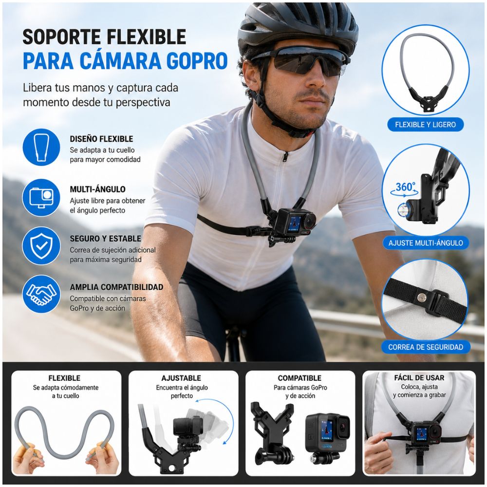 Soporte Flexible Plegable de Cuello para Cámara de Acción Ajuste Multiángulo