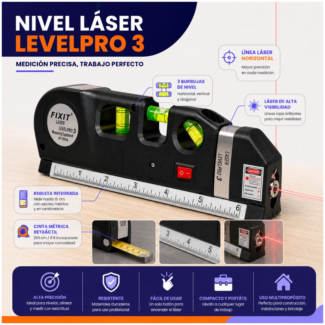 Nivel Láser Multifuncional 3 en 1 FIXIT LevelPro 3 Cinta Métrica Regla