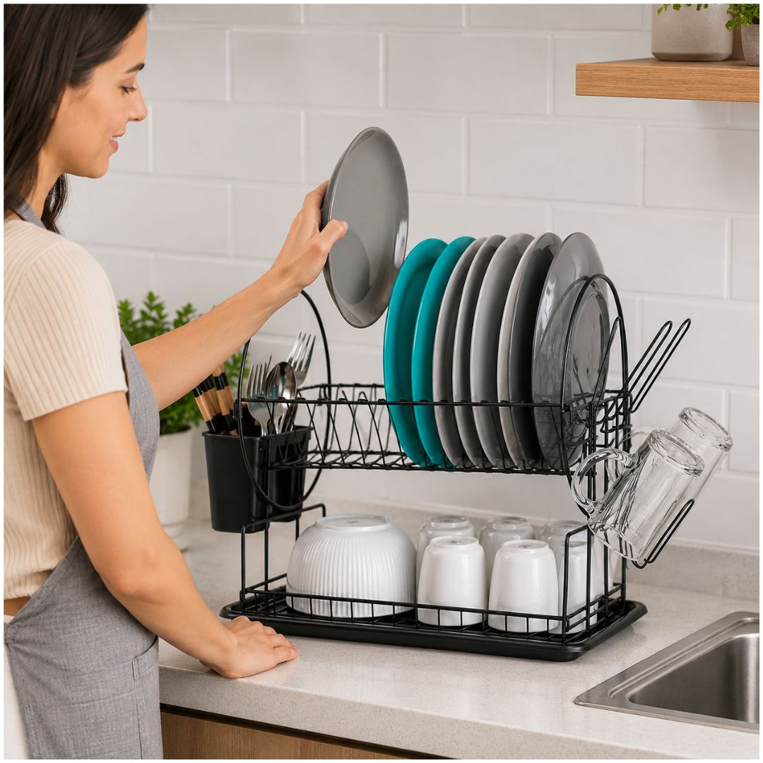 Escurridor de Platos WL2605 Acero al Carbono 2 Niveles Bandeja de Goteo 39x42x23cm