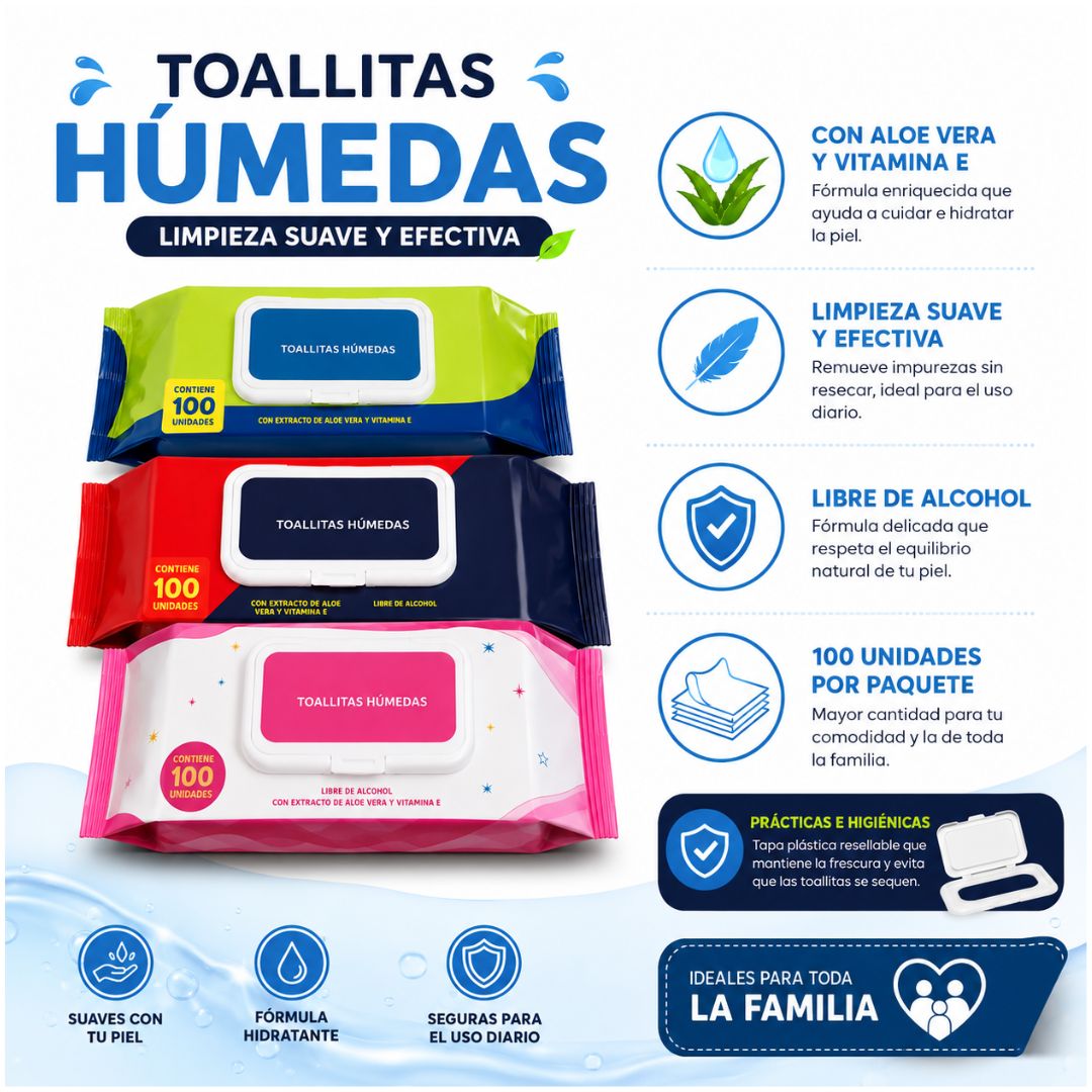 Pack x3 Toallitas Húmedas 300 und Sin Alcohol Con Aloe Vera y Vitamina E