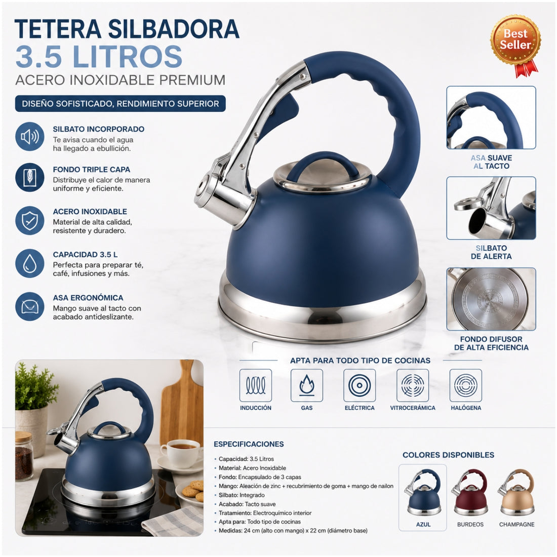 Tetera Silbadora Kaisa Villa 3.5L de Acero Inoxidable Fondo 3 Capas para Inducción