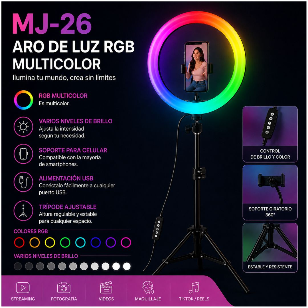 Aro Luz LED RGB de 26cm Video Profesional streaming + Trípode