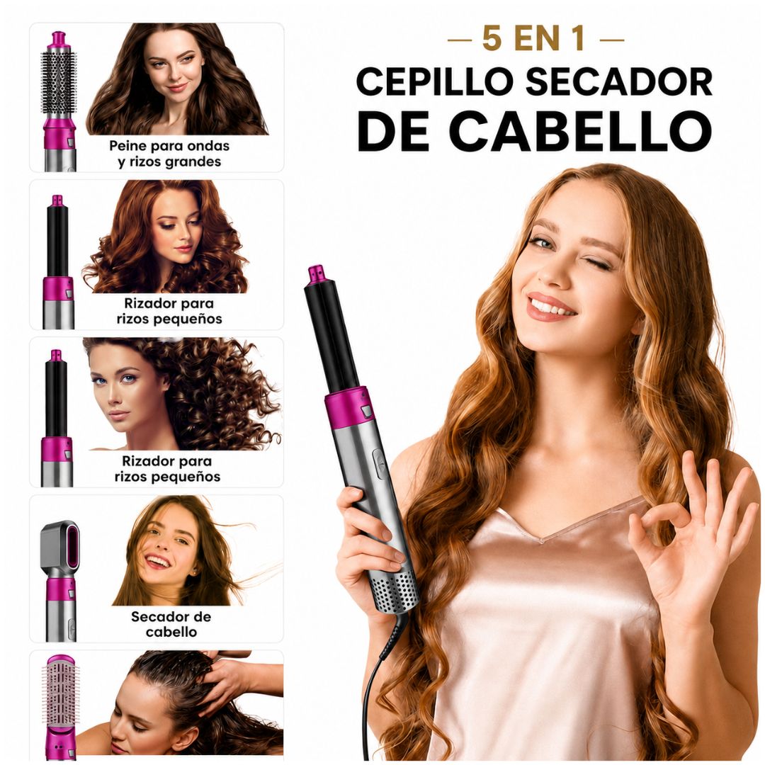 Cepillo Secador Multifuncional 5 en 1 para Cabello Rizador y Peines Intercambiables