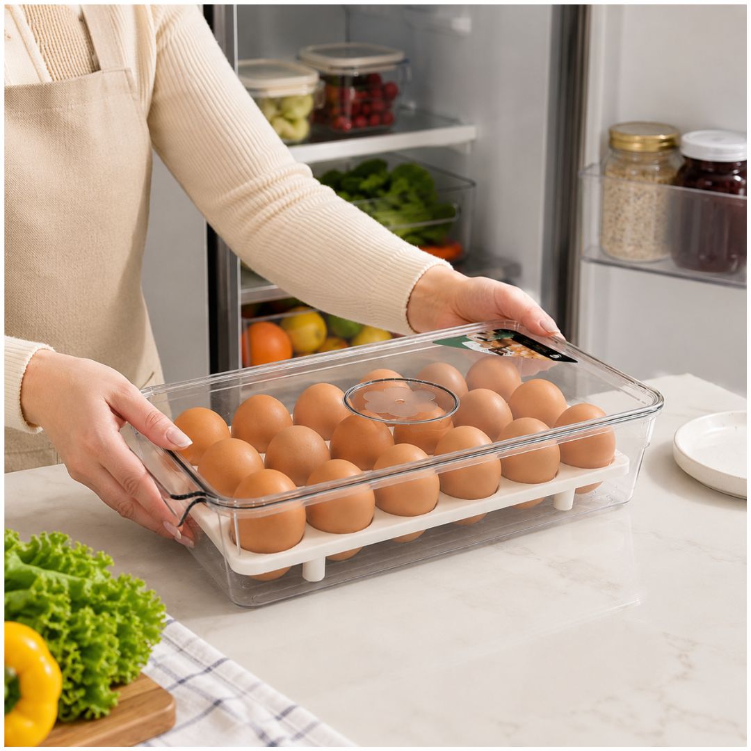 Organizador de Huevos Transparente Apilable para Refrigerador Acrílico con Tapa