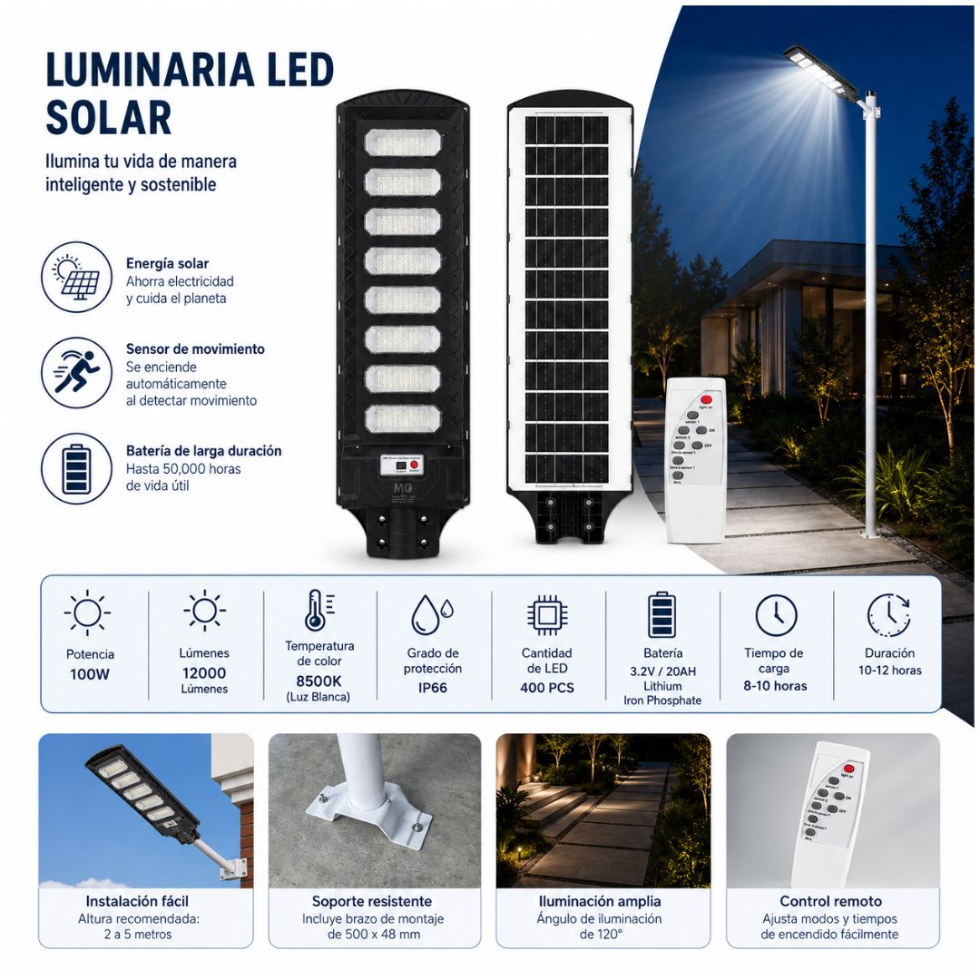 Lámpara Panel Solar Reflector MG 1000W con Sensor Impermeable + Control Remoto