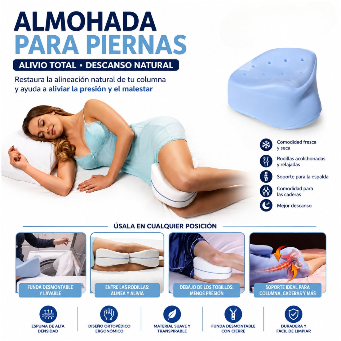 Almohada Ortopédica Ergonómica Cojín con Memoria para Piernas y Rodillas