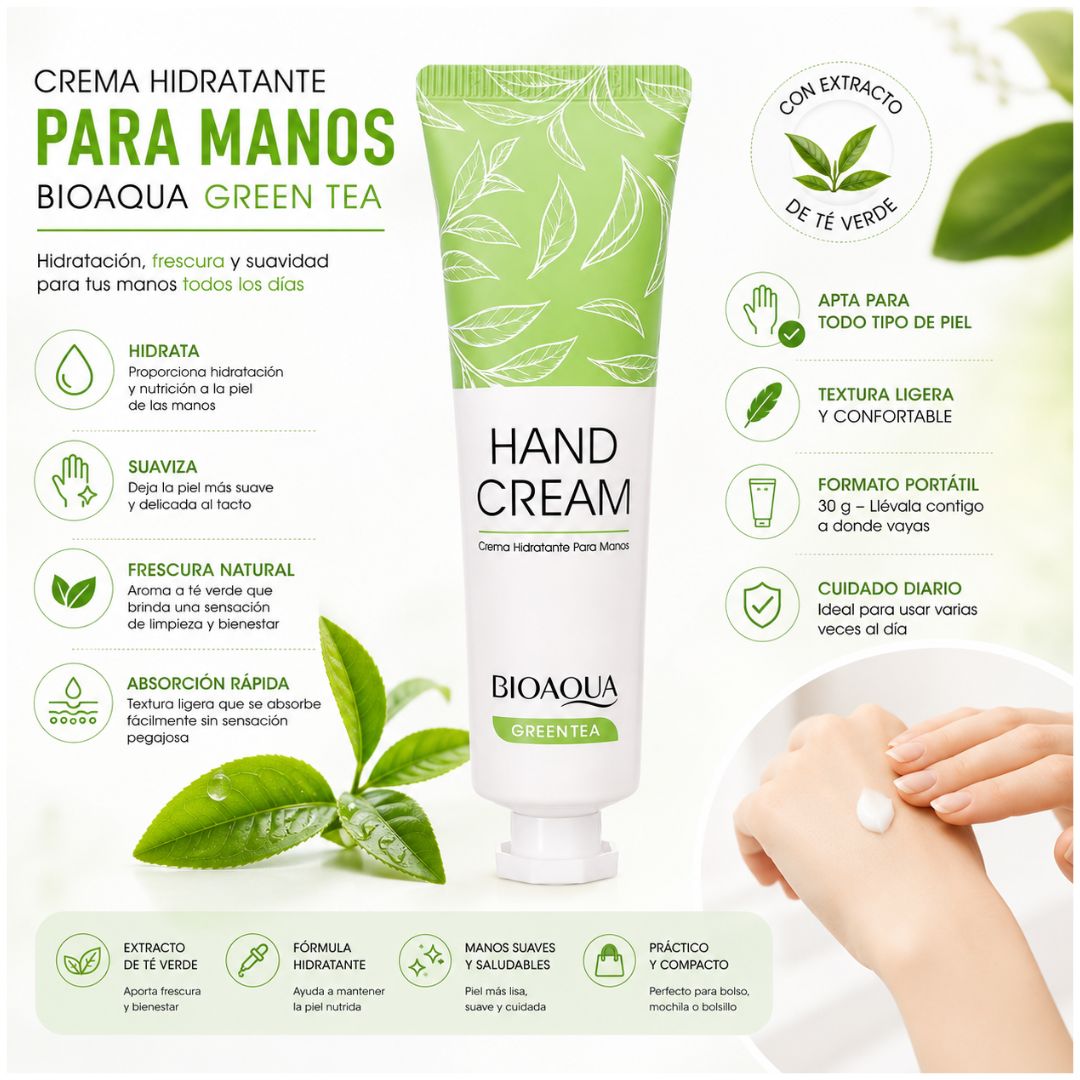 Crema Hidratante Suavizante para Manos BIOAQUA 30g con Extracto de Té Verde