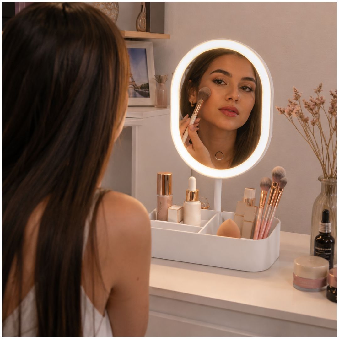 Espejo LED Redondo Recargable con Porta Maquillaje 3 Tonos de Luz Control Táctil