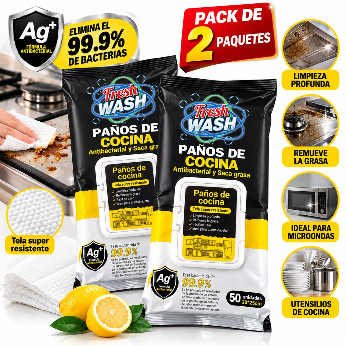 Pack x2 Paños Húmedos Antibacteriales Fresh Wash para Cocina Antigrasa 100 Unidades
