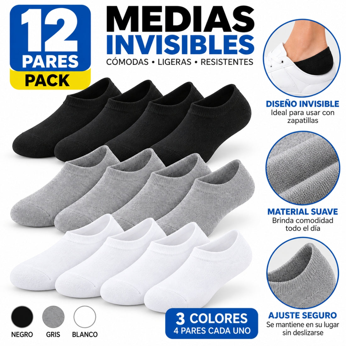 Pack x12 Pares de Medias Taloneras Unisex Transpirables Talla 40-43