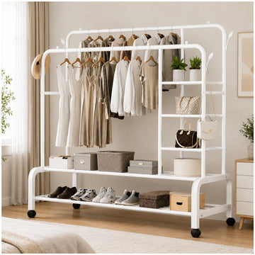 Organizador de Ropa Blanco Doble Barra Metal Soporta 68kg 160x110x55cm con Ruedas