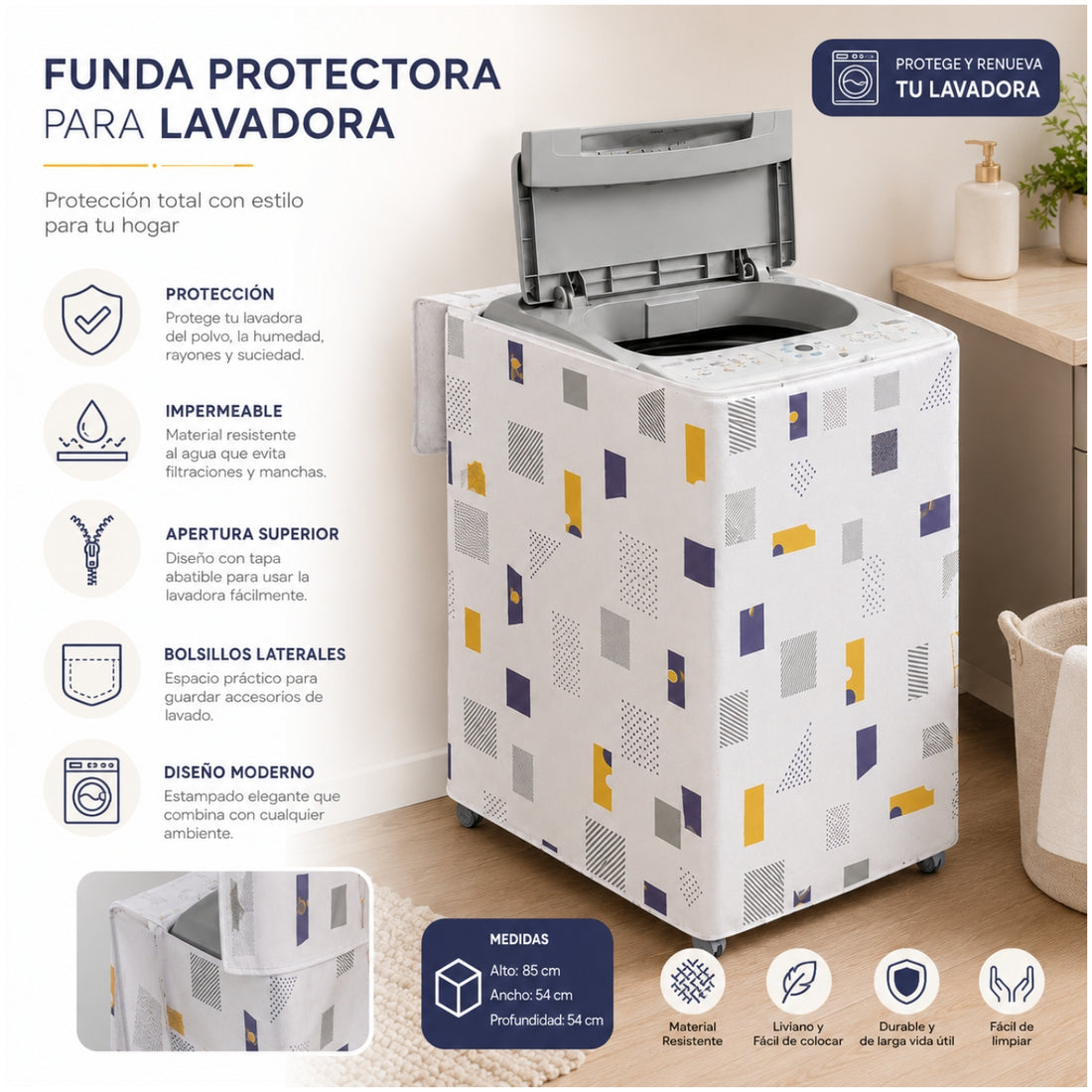 Funda Protectora Forro Impermeable para Lavadora Diseño Cuadros 85x54x54cm