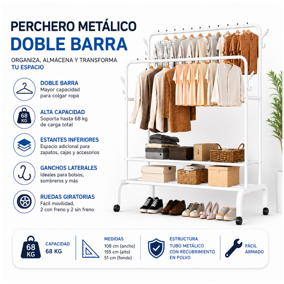 Organizador de Ropa Negro Doble Barra Metal Soporta 68kg 155x108x51cm