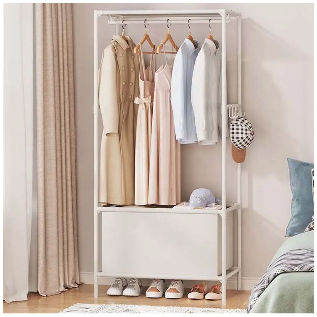 Colgador de Ropa Zapatera Elegante con Cesta de Almacenamiento 163x59x40cm