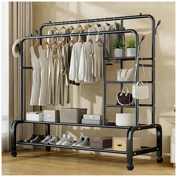 Colgador Perchero de Metal con Ruedas con Doble Barra y 6 Repisas 160x110x55cm