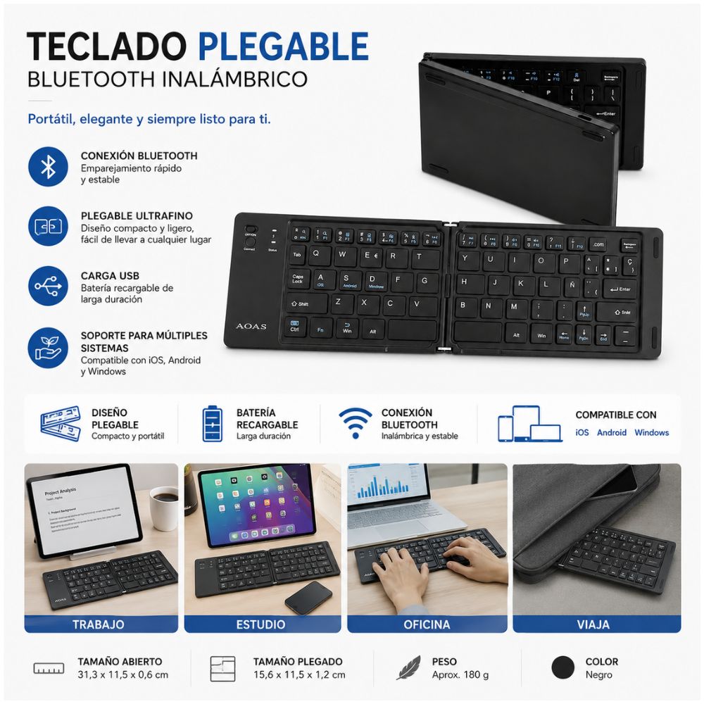 Teclado Bluetooth AOAS A-1007 Plegable Ultra Fino para PC Laptop Tablet Celular