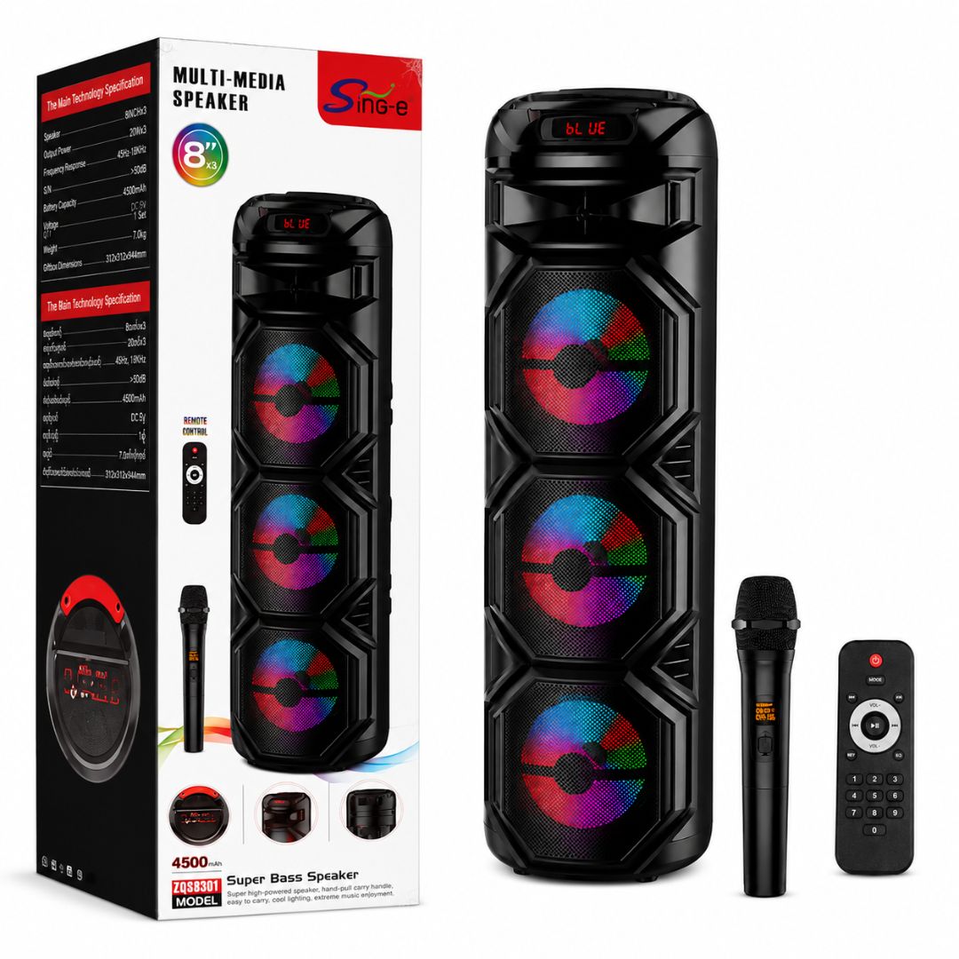 Parlante Bluetooth 60W Luces LED Multicolor Triple Parlante 8" + Micrófono + Control