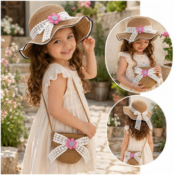 Set Infantil Cartera y Sombrero de Paja Para Niña Diseño Floral