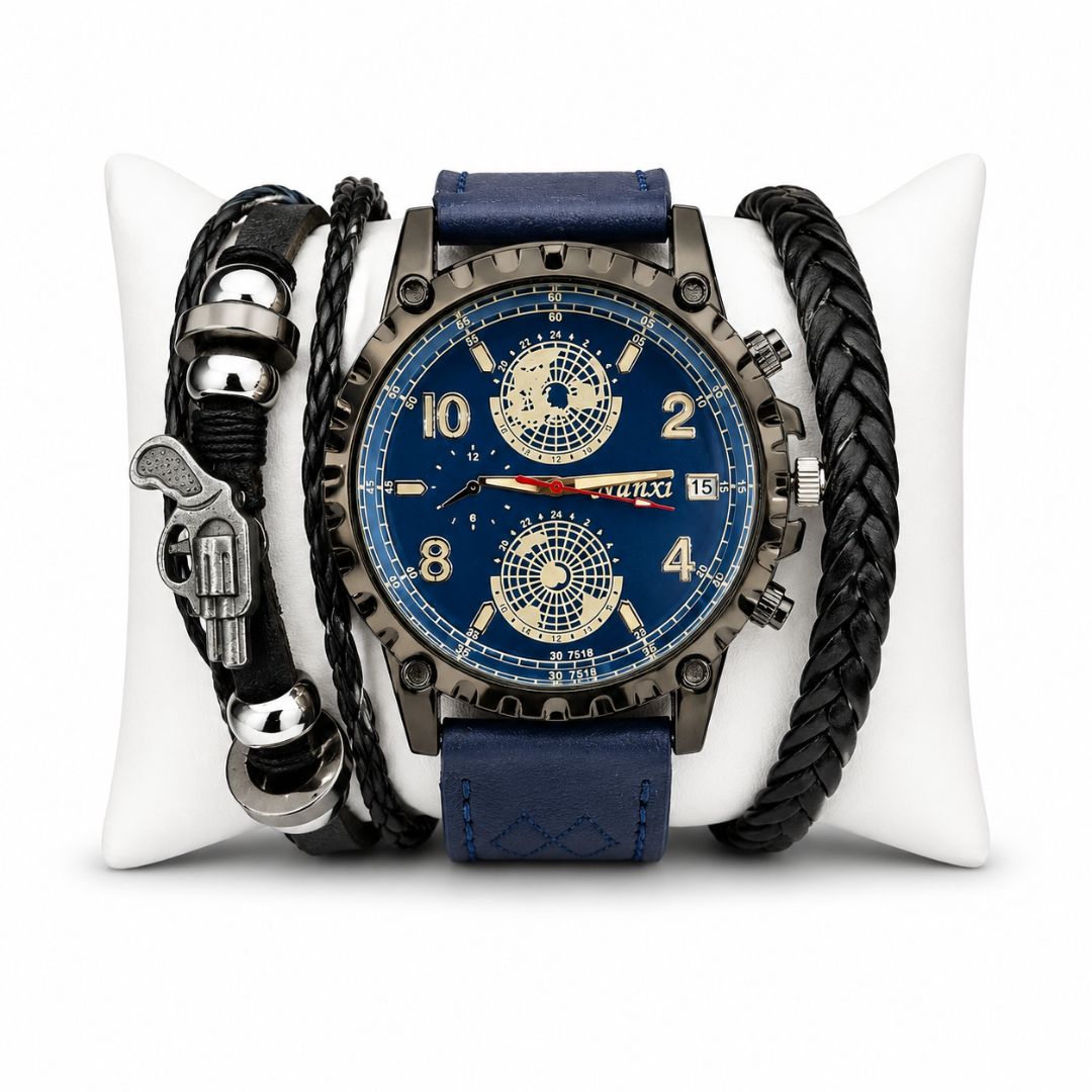 Set Reloj Analógico Cuarzo para Hombre con Pulseras Revolver para Regalo