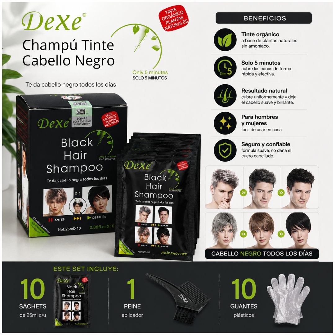 Pack x10 Champú Tinte Negro DeXe 250ml para Canas Cabello Barba Peine y Guantes