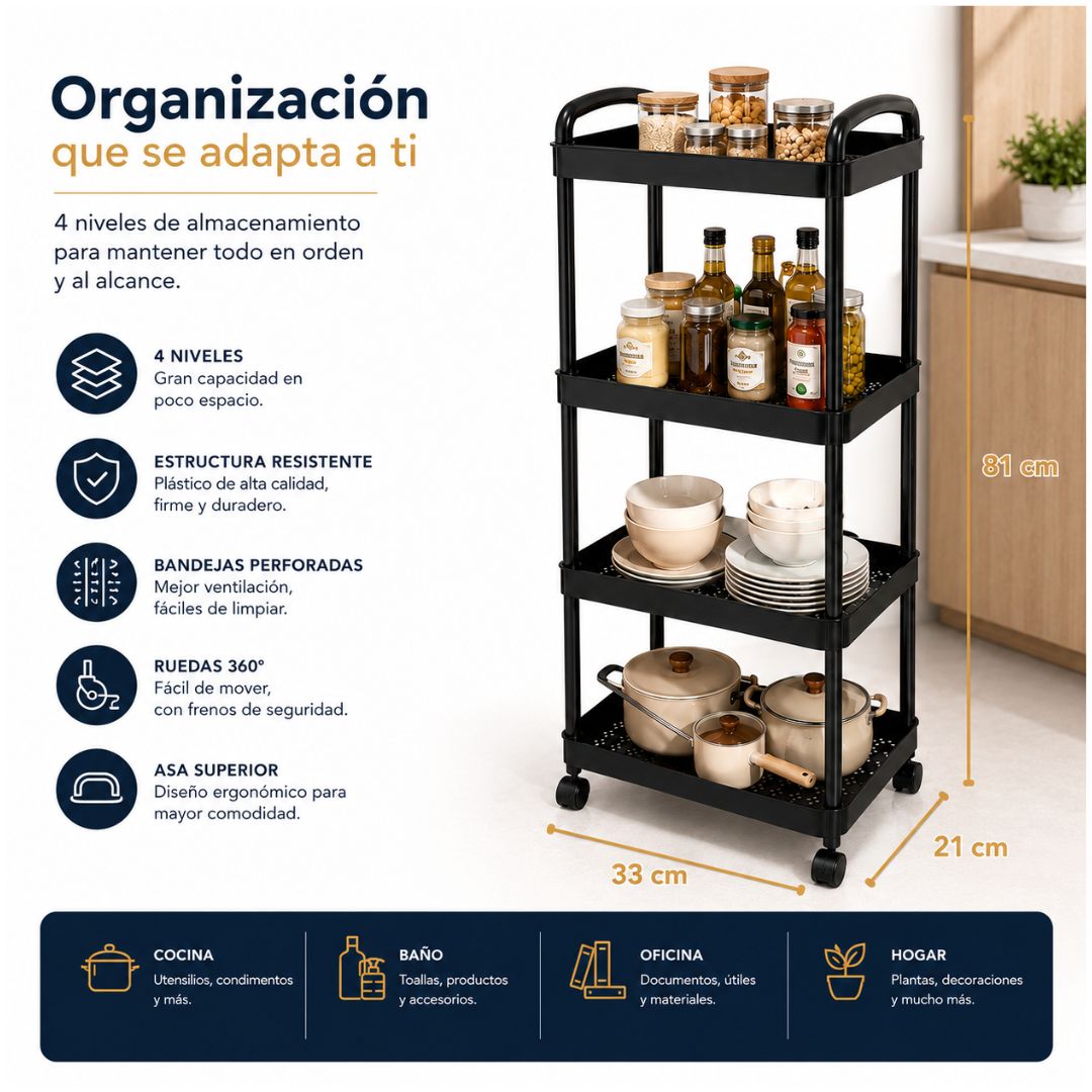 Carrito Organizador Multiusos 4 Niveles con Ruedas 81x33x21cm