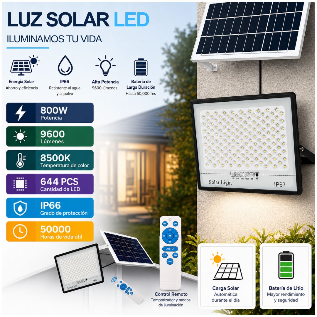 Lámpara Panel Solar Reflector 800W Impermeable 644 LEDs Control Remoto