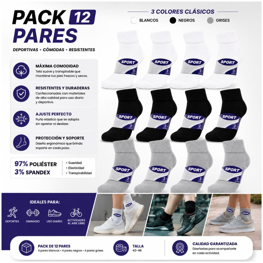 Pack x12 Pares de Medias Cortas Deportivas SPORT 3 Colores Talla 40-46