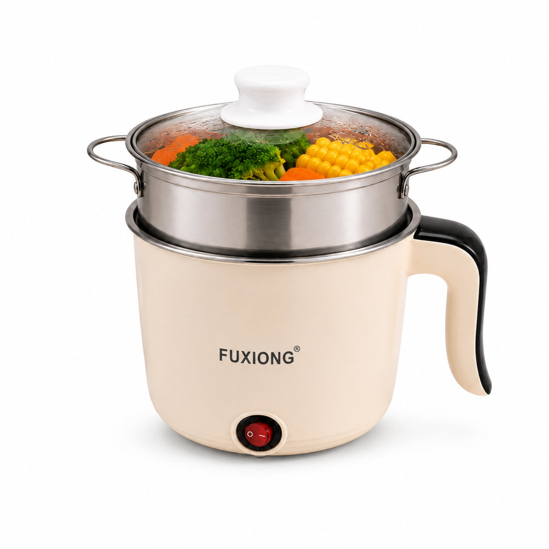 Mini Olla Eléctrica Multiusos Fuxiong 1L Portátil de 600W con Vaporera Acero Inox