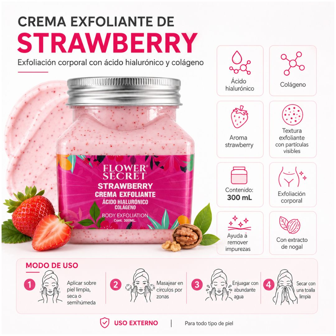 Crema Exfoliante Corporal JS16-D Flower Secret Fresa 300 ml Ácido Hialurónico Colágeno