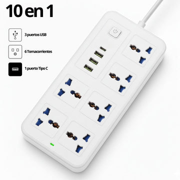 Cargador Multipuerto 10 en 1 Extensión Eléctrica 3 Puertos USB + 1 Tipo C + 6 Tomacorrientes