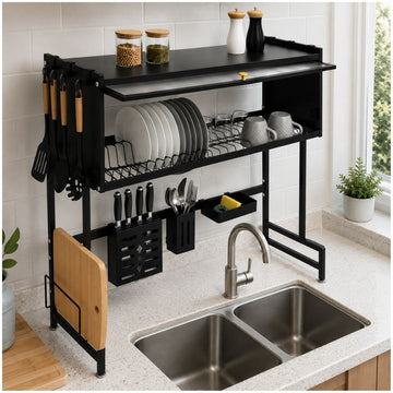 Escurridor Organizador de Cocina Platos 2 Niveles con Tapa Acero al Carbono 85cm