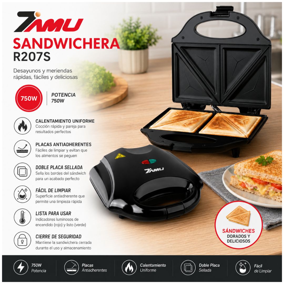 Sandwichera R207S 750W Antiadherente Doble Compartimiento Cierre Seguro