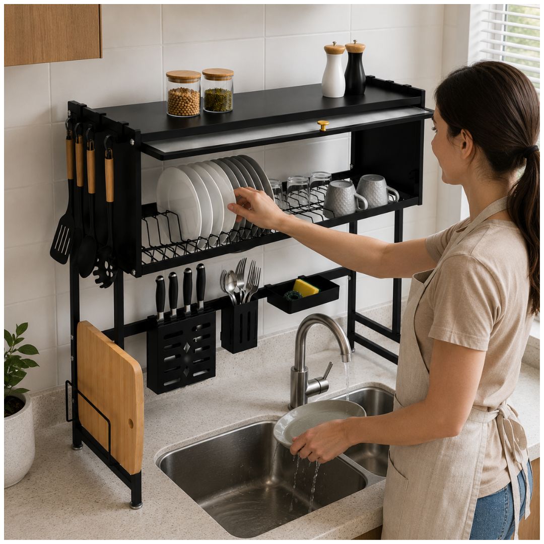 Escurridor Organizador de Cocina Platos 2 Niveles con Tapa Acero al Carbono 85cm