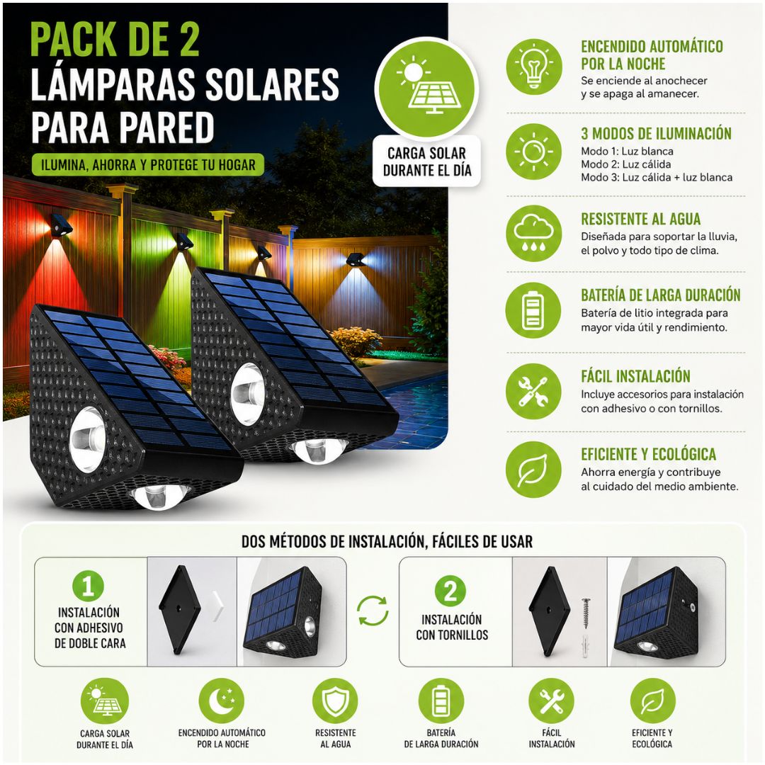 Pack x2 Lámparas Solares LED Automático para Pared Exterior 3 Modos Iluminación