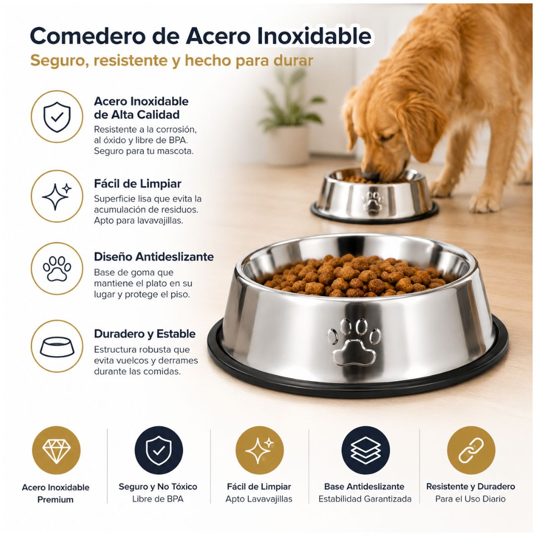 Plato Comedero para Mascotas 33cm Acero Inoxidable Antideslizante Perros y Gatos