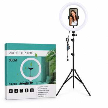 Aro de luz LED 30cm con Soporte para Celular QX-300 3 Tonos de Luz + Trípode