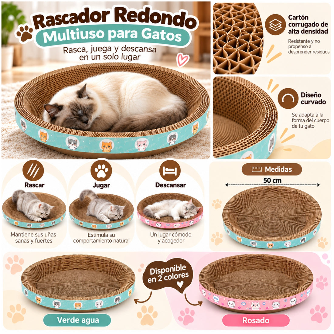 Cama Rascador  Redondo para Gato Cartón Corrugado de Alta Densidad 50cm